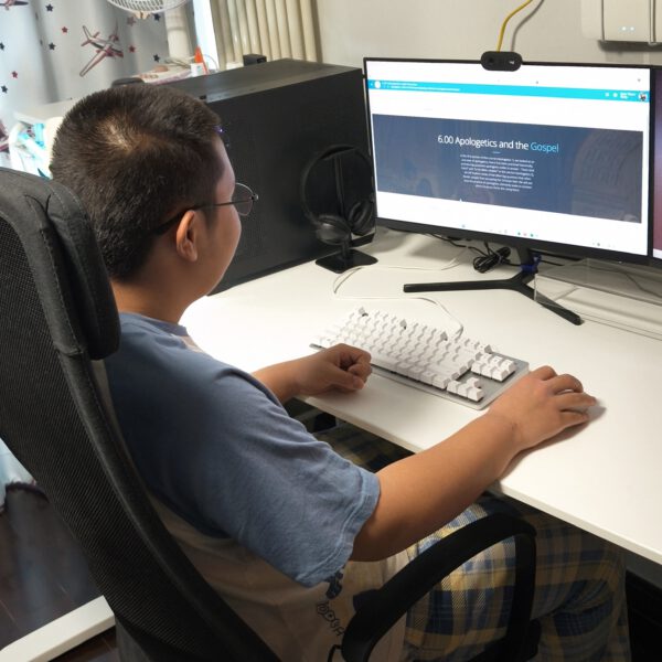 Photo of male student sitting at a desk doing schoolwork on a computer.