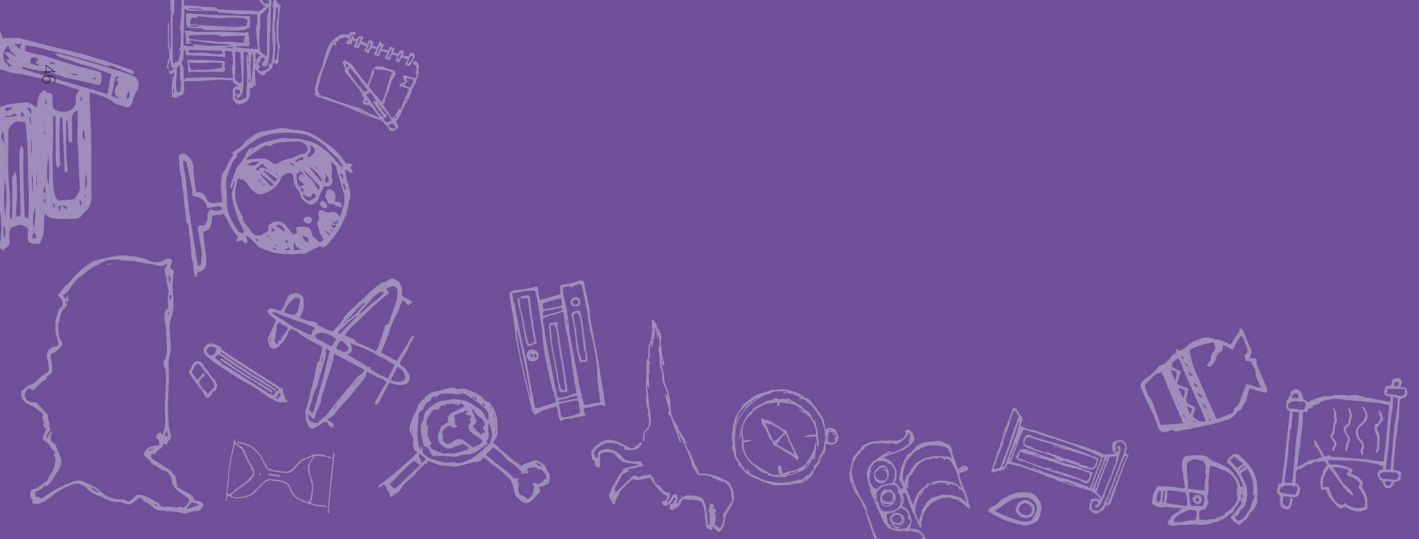 Purple background with various school icons.