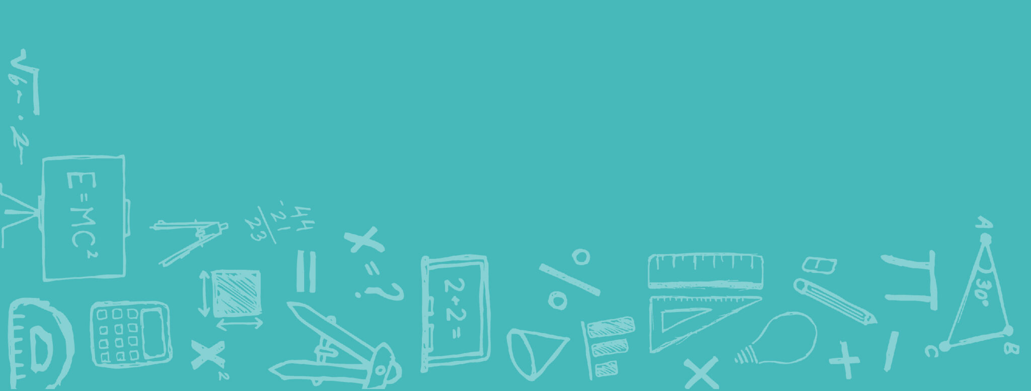 Teal background with various school icons.