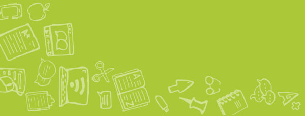 Green background with various school icons.