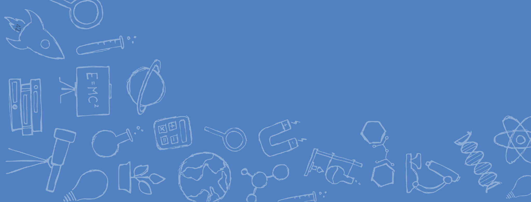 Blue background with various school icons.