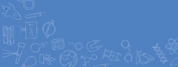 Blue background with various school icons.